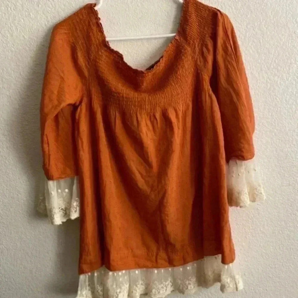 🆕Free People Tea Combo Rust Long Sleeve Smocked Off Shoulder Tunic Lace Edge M🆕 - Picture 3 of 8